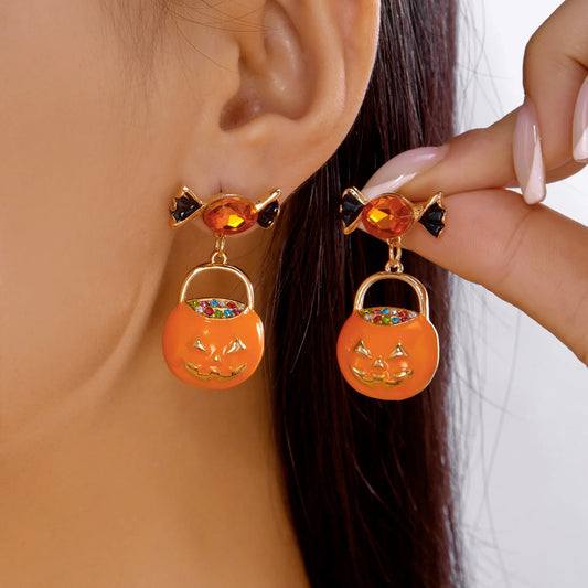 Gothic Punk Rhinestone Bow Pumpkin Earrings