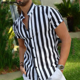 Striped Stand Collar Short Sleeve Summer Shirt