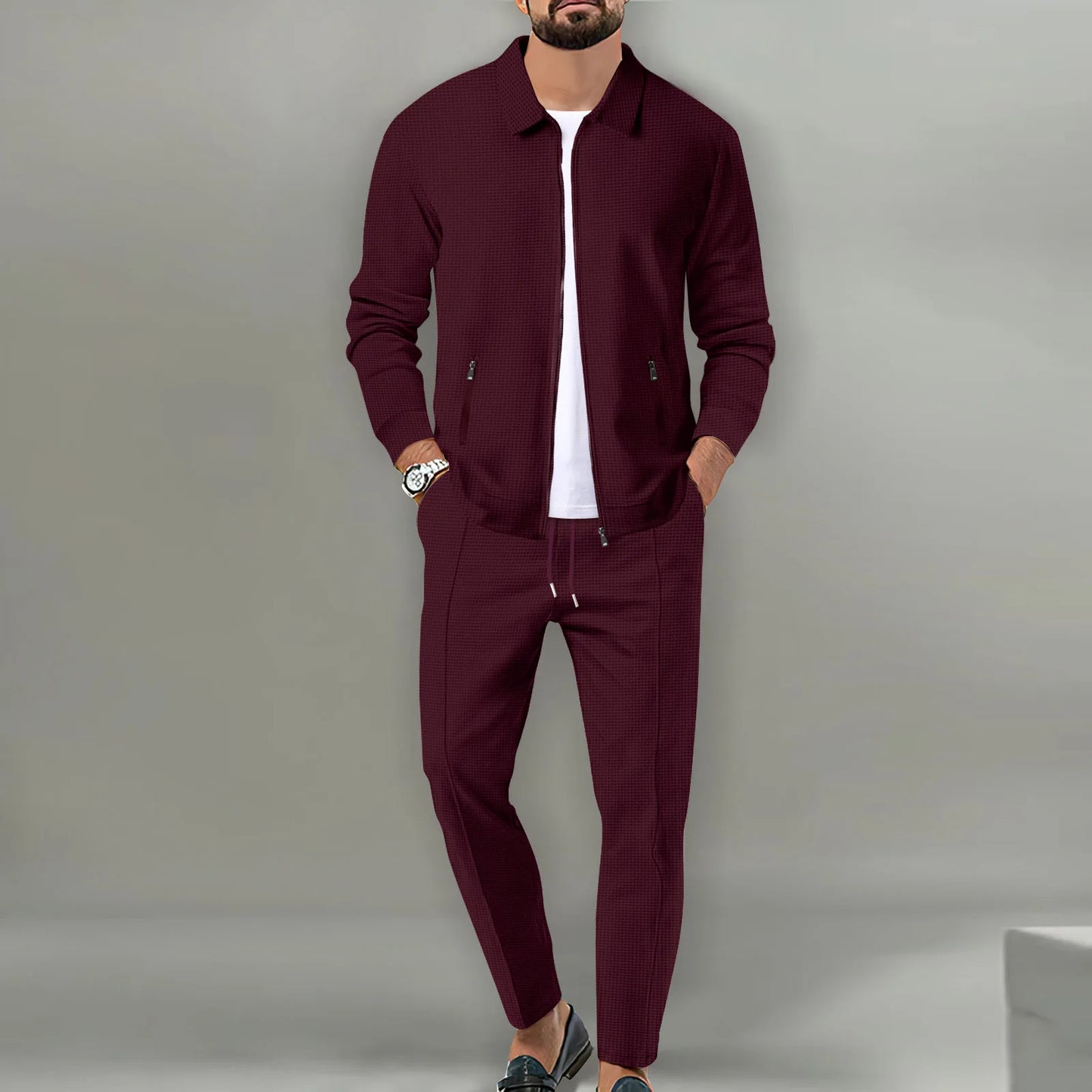 Men's plain waffle long sleeve pants suit