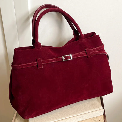 Buckle decorative design faux suede handbag