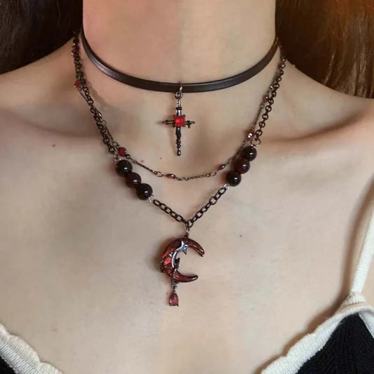 Punk Crystal Cross Moon Pendent Necklace