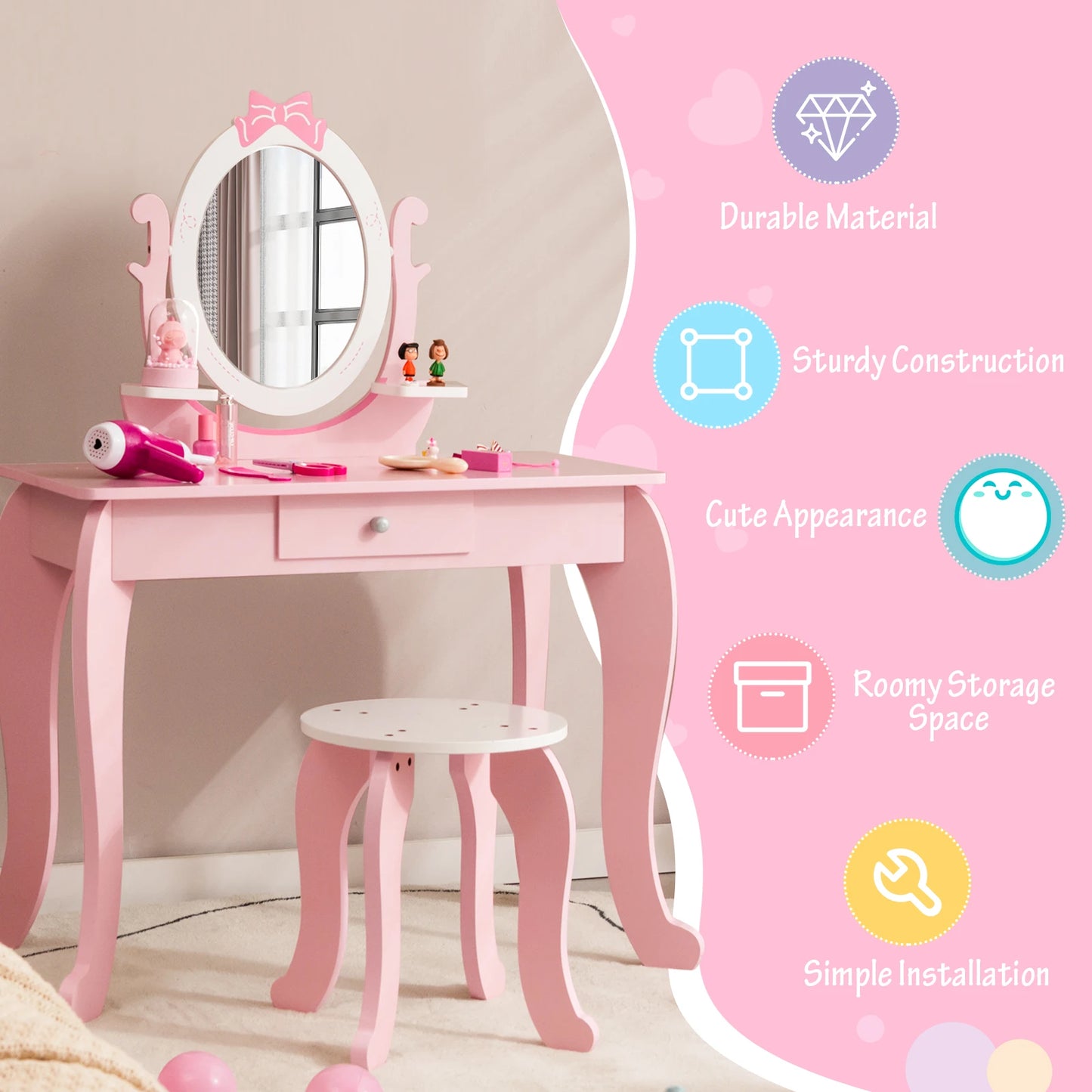 2-in-1 kids vanity table set