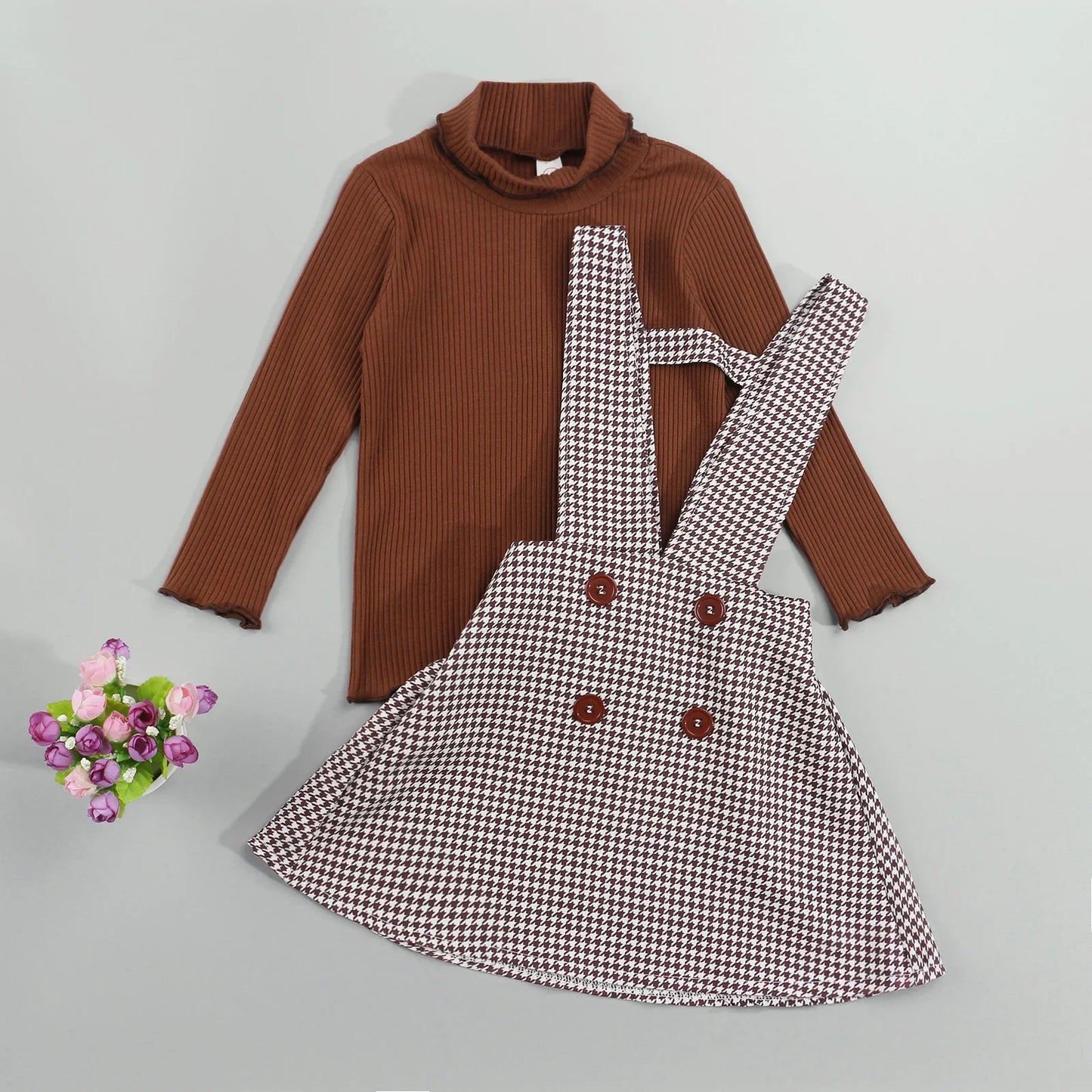 Solid turtleneck tops + plaid suspender skirt set