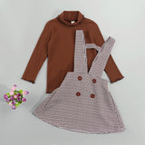 Solid Turtleneck Tops + Plaid Suspender Skirt Set