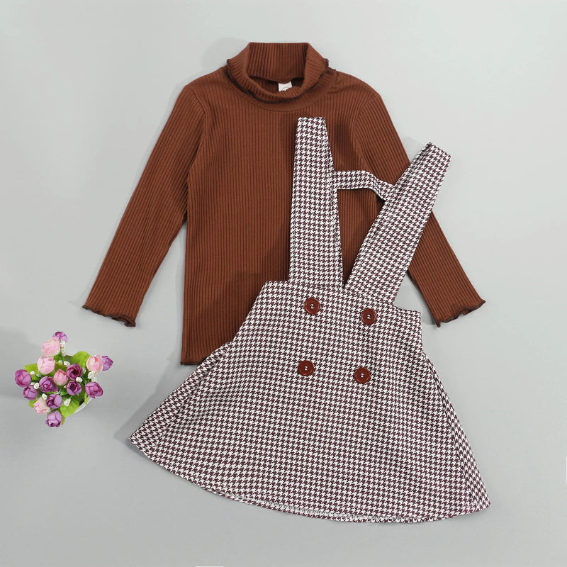 Solid Turtleneck Tops + Plaid Suspender Skirt Set