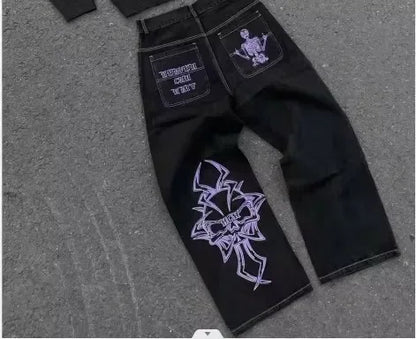Gothic retro cross rhinestone wide leg trouser