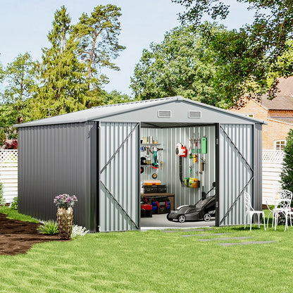 Outdoor metal storage shed with floor frame base