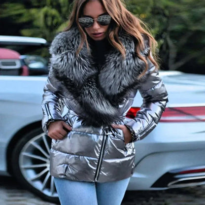 Women's glossy big fur collar cotton-padded coat