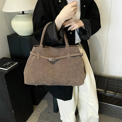 Buckle decorative design faux suede handbag