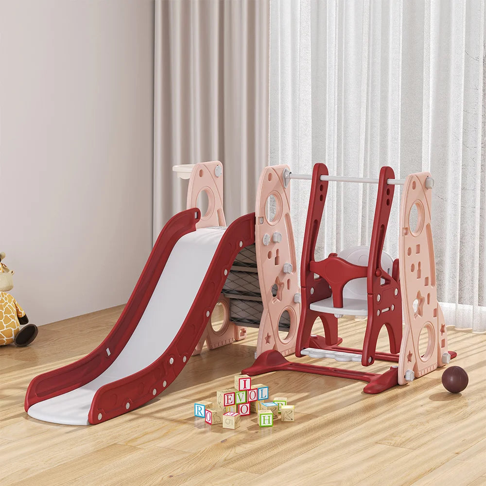 Kids swing and slide set with basketball hoop