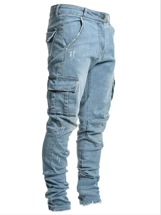 Multi Pockets Denim Mid Waist Cargo Jeans