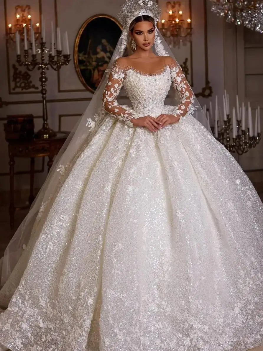 Long sleeves sequins beads luxury wedding dress