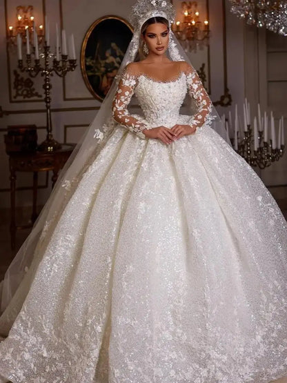 Long sleeves sequins beads luxury wedding dress