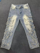 Embroidered Wide Leg Denim Trousers