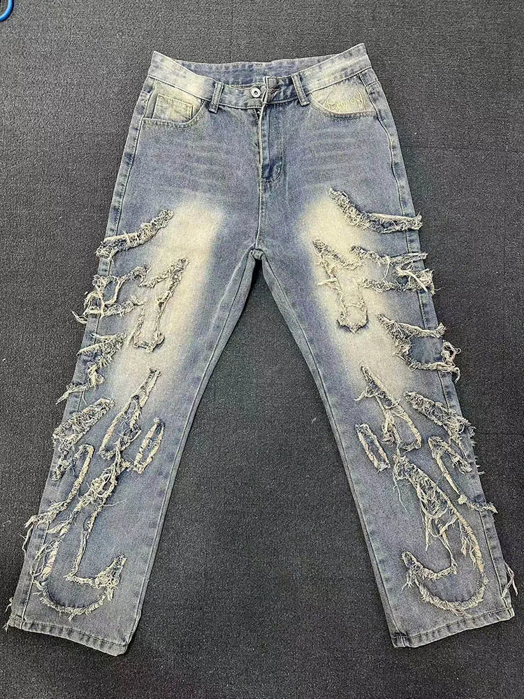 Embroidered Wide Leg Denim Trousers