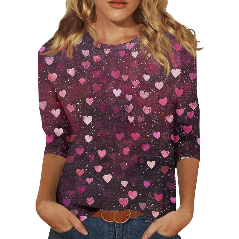 Heart Print Long Sleeve Top For Women